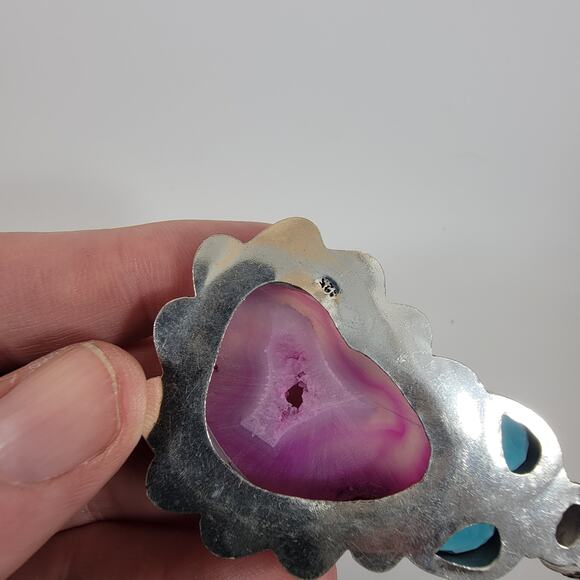 Handmade Silver Pendant with Pink Agate Druzy and Blue Topaz - Picture 5 of 10